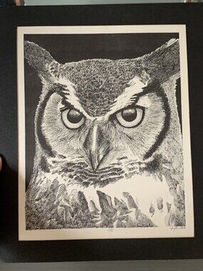 Greg Merrill Signed Numbered 42/100 Dated 1981 Sketch OWL PRINT Black Matte